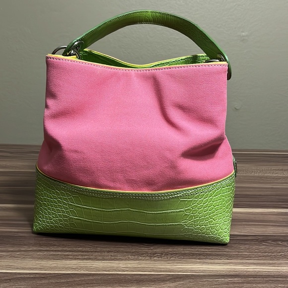 Tommy Hilfiger Swinger Satchel pink and yellow green purse PERFECT FOR SPRING! - Picture 2 of 16